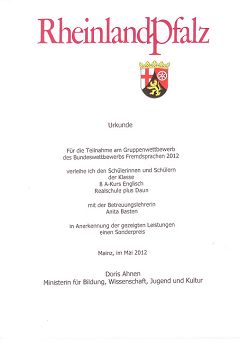 Urkunde zum Sonderpreis für besonders anspruchsvollen Redeanteil